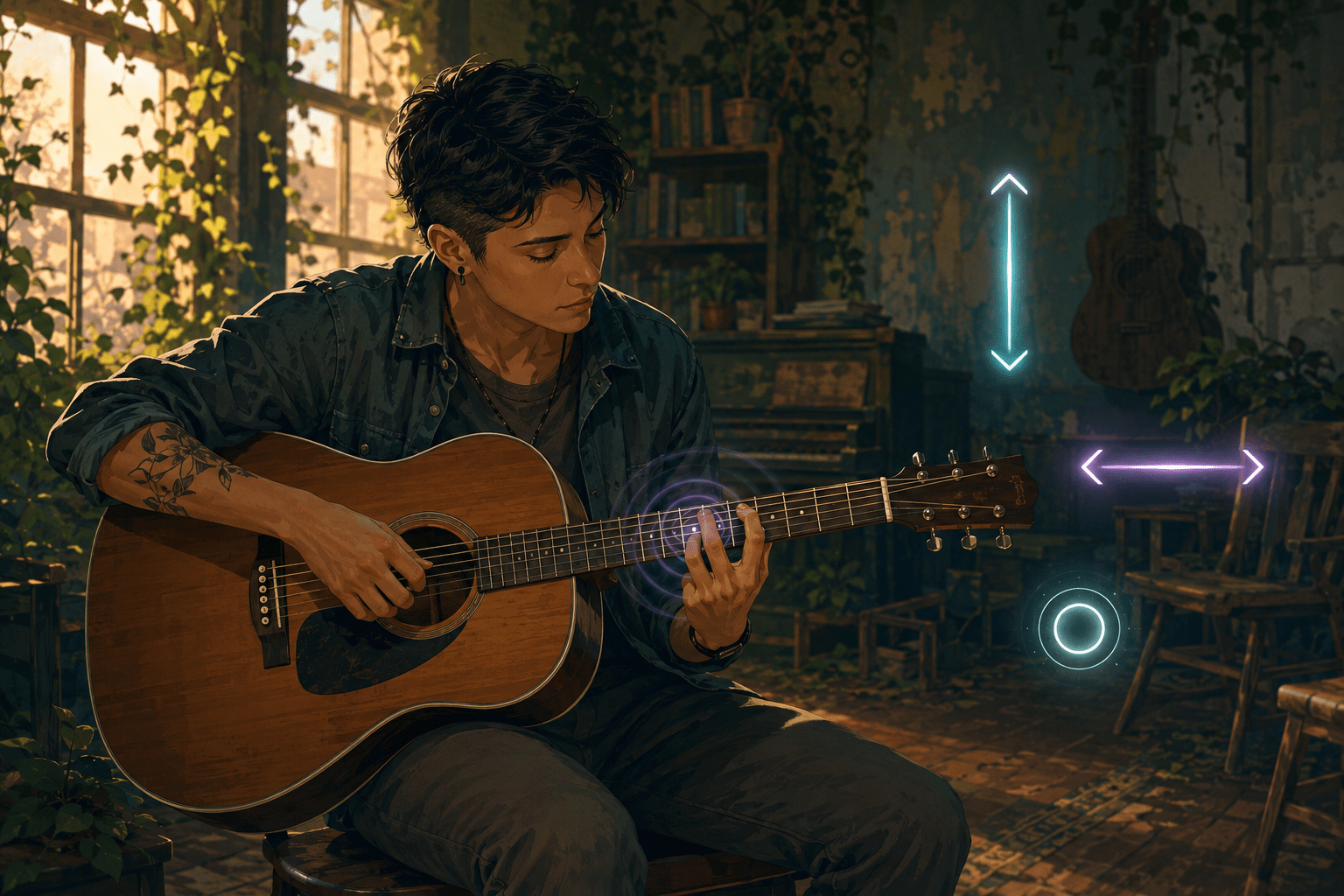 A short-haired survivor plays an acoustic guitar in a sunlit overgrown music room while vertical, horizontal, and circular symbols represent three alternative strumming inputs.