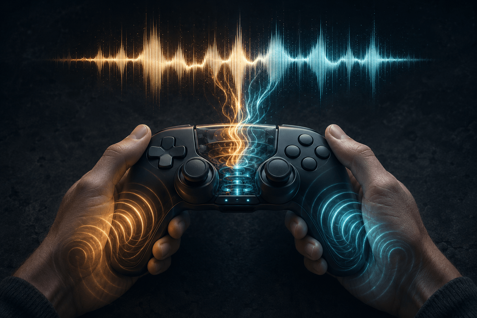 A luminous speech waveform flows into an unbranded game controller and becomes layered amber and blue tactile ripples travelling through both grips into the player’s hands.