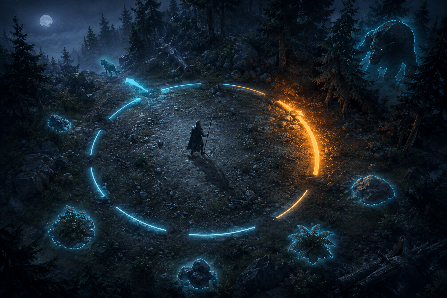 A cloaked explorer stands inside a segmented glowing ring in a moonlit forest