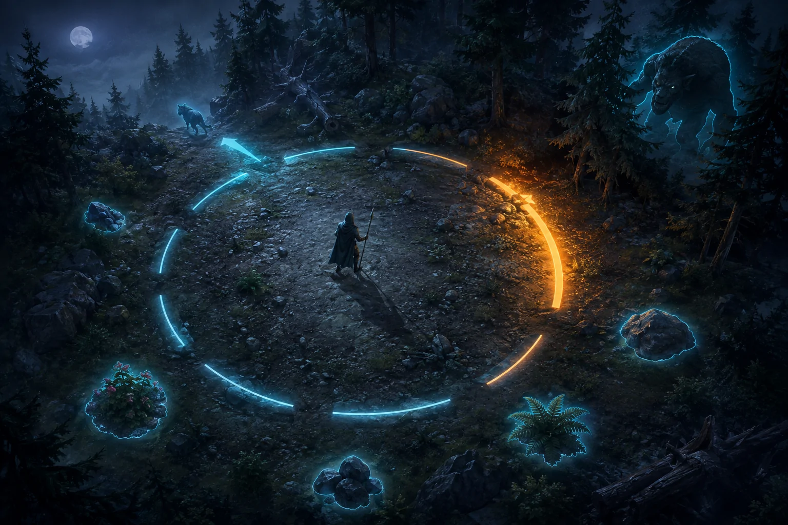A cloaked explorer stands inside a segmented glowing ring in a moonlit forest