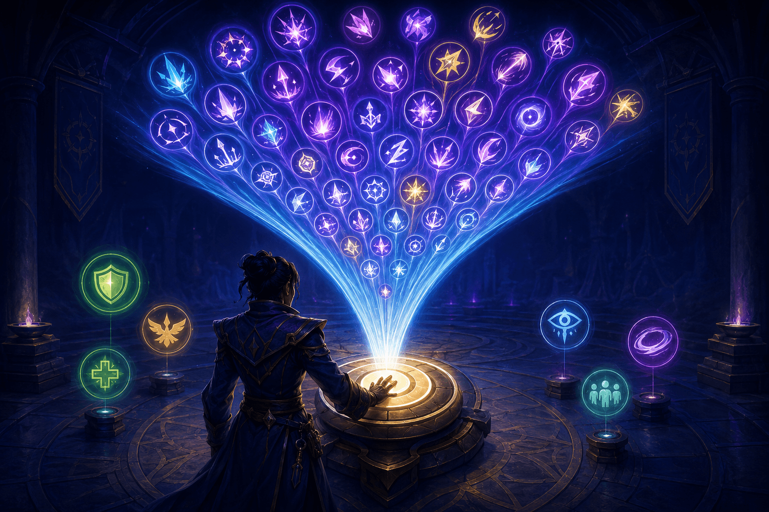 A fantasy spellcaster uses one illuminated circular control as dozens of purple and blue damage symbols funnel toward it