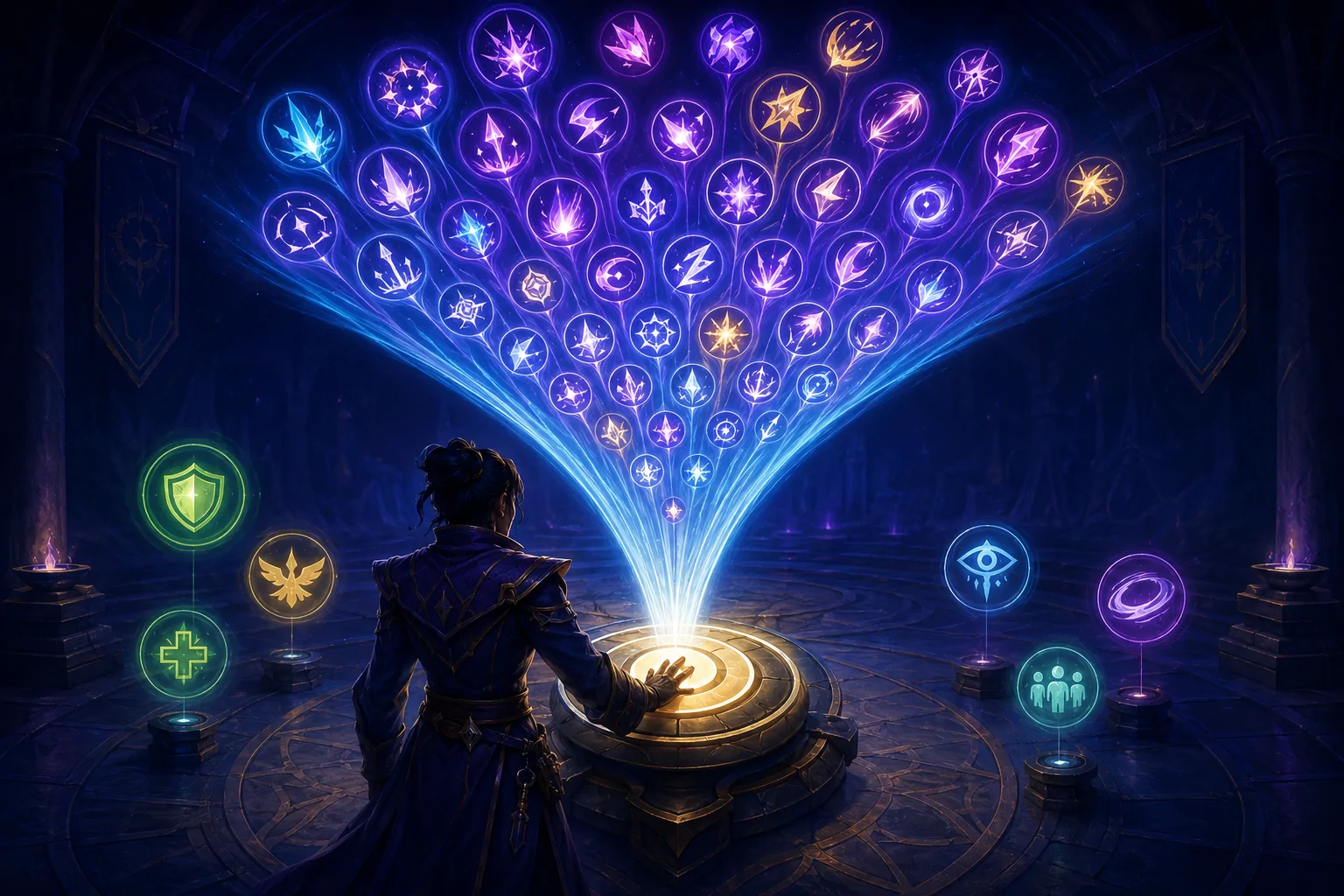 A fantasy spellcaster uses one illuminated circular control as dozens of purple and blue damage symbols funnel toward it