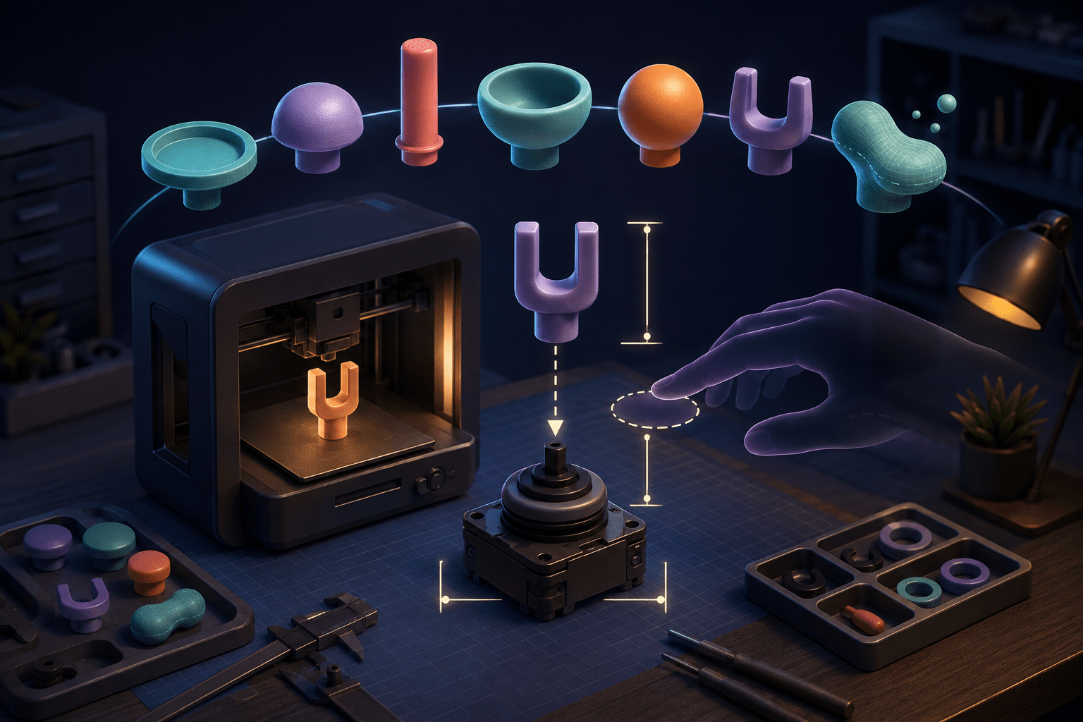 Seven differently shaped joystick toppers float above an isometric maker workbench while a forked topper emerges from a 3D printer and aligns with an unbranded joystick beside adjustable height and width guides.