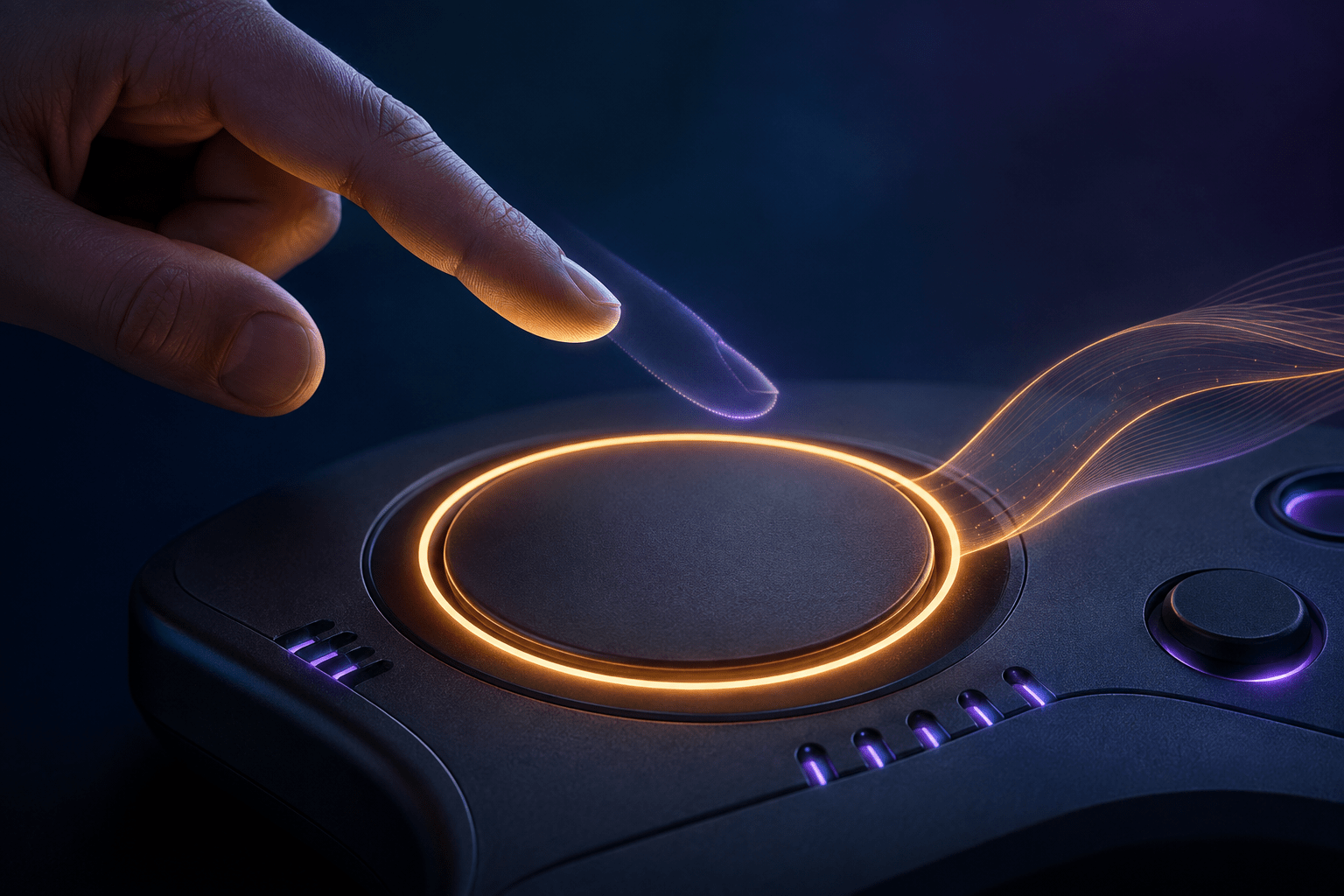 A hand lifts away from a large unbranded adaptive control while an illuminated ring and flowing energy remain active