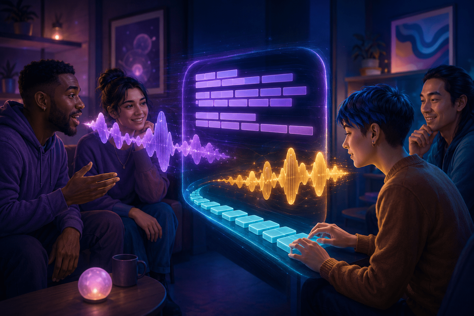 Two groups of original players communicate across a luminous bridge where violet voice waves become rows of readable abstract blocks and cyan typing tiles transform into a golden spoken waveform.